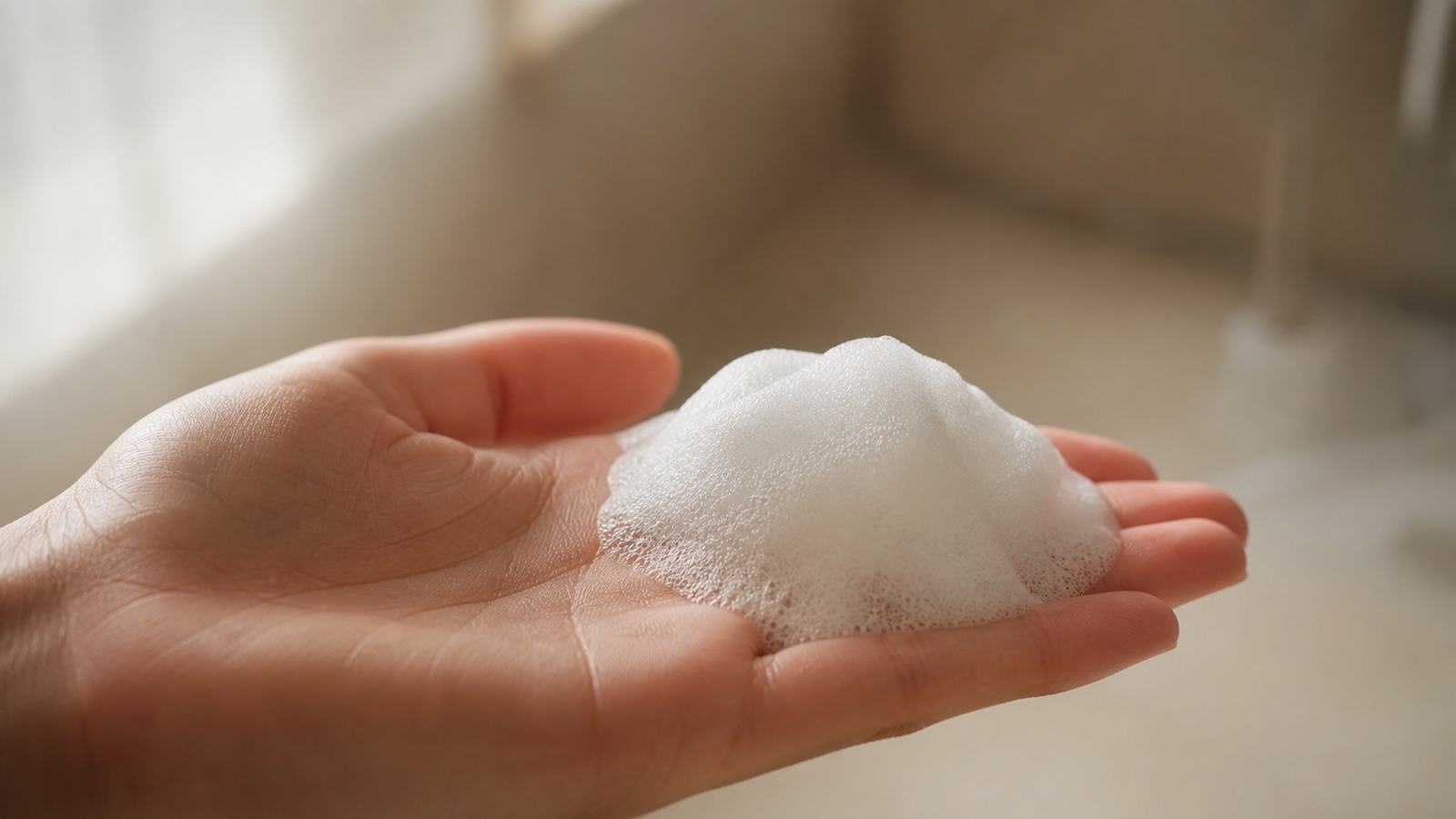 Fine facial-cleansing foam resting in an open palm