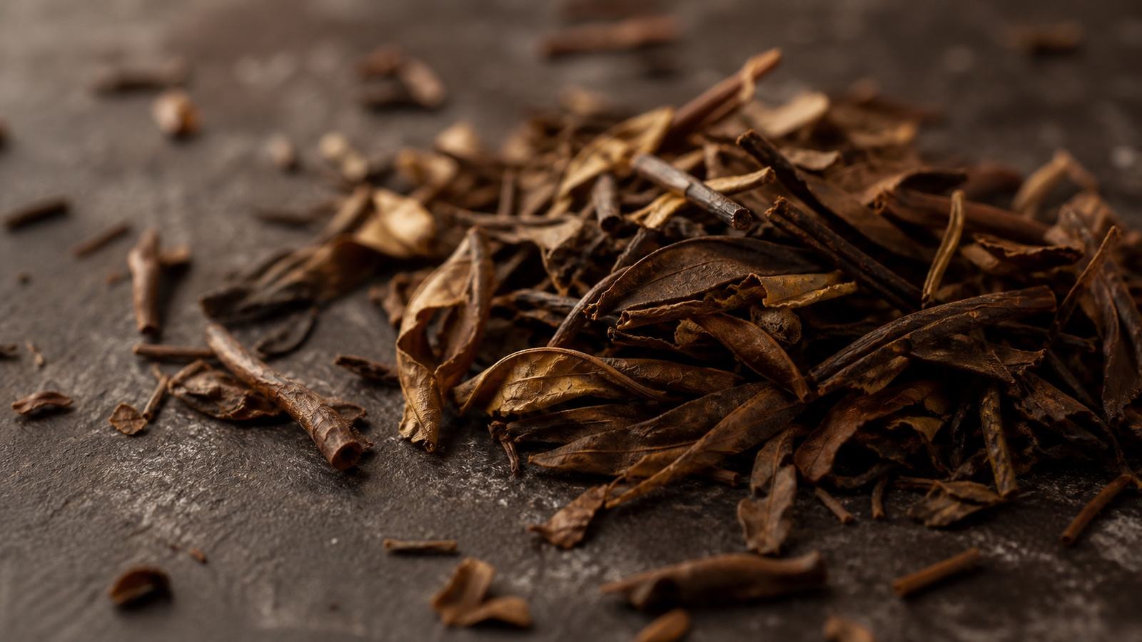 Loose roasted hojicha leaves in warm side light