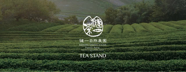 Kenichi Shizen Nouen promotional banner showing tea fields and the farm’s Tea Stand identity.