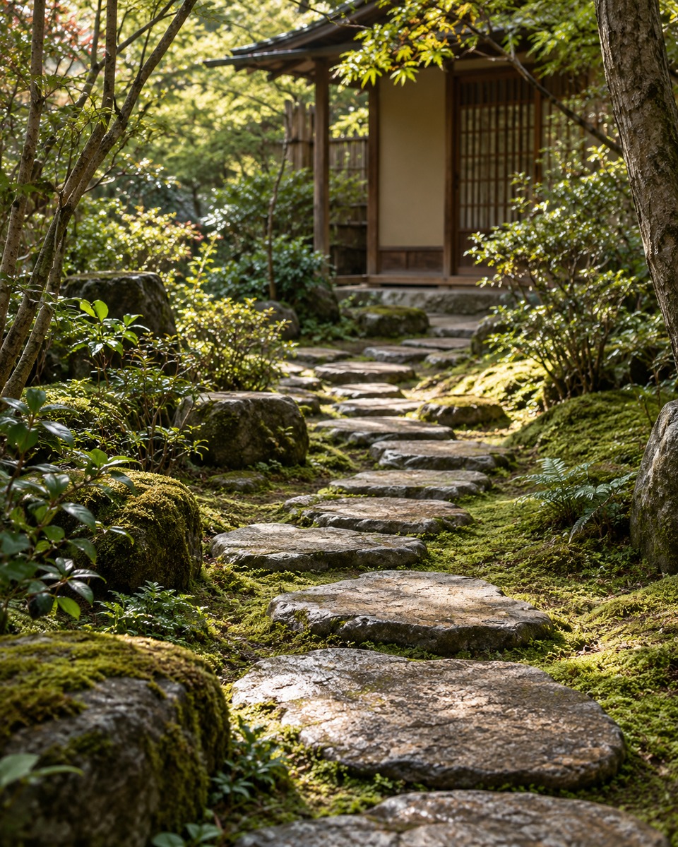 Atmospheric illustration of a garden path and tea house, representing Roji’s design inspiration, not a supplier location.