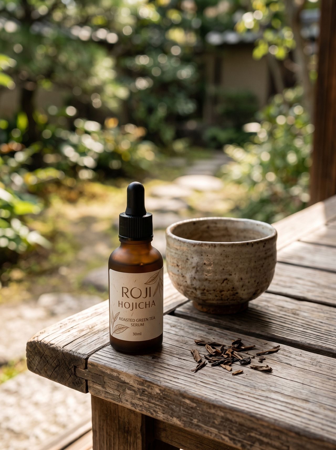 Packaging concept: ROJI Hojicha serum on a wooden veranda beside a ceramic tea bowl, with a stone garden path behind
